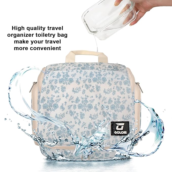 Goloni Hanging Toiletry Bag, 10 Compartments Water-Resistant Makeup Bag with 360° Spinning Metal Hook, Large Travel Cosmetic Organizer for Men & Women, Flower (7.05oz)
