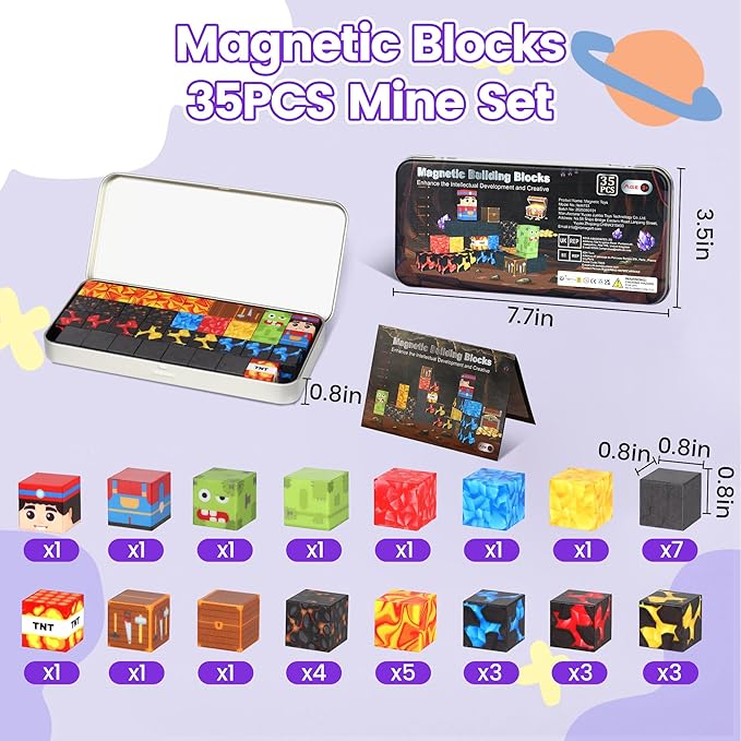 SYSKENI 35PCS Magnetic Blocks Travel Set, Mini Magnetic Blocks Travel Toys for Kids Ages 3-5 4-8, Portable Magnet Cubes STEM Learning Toys with Portable Iron Storage Box Christmas Birthday Gifts