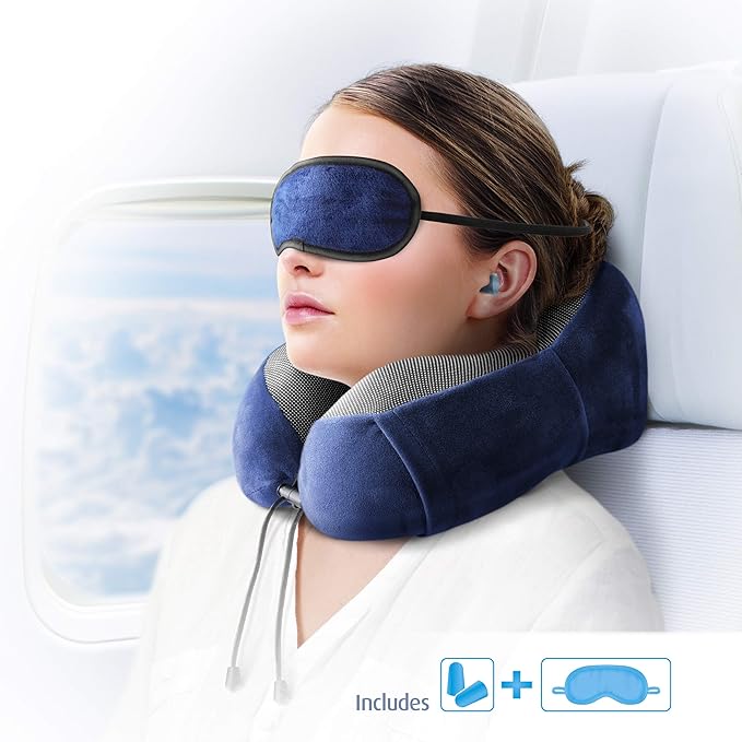 Cloudz Tech Memory Foam Travel Neck Pillow with Blackout Sleep Mask and Ear Plugs - Blue