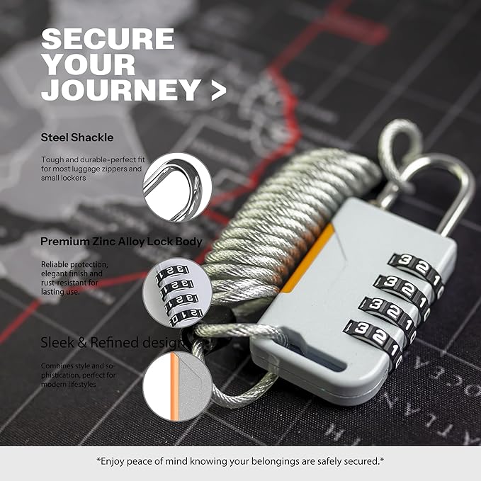 4 Digit Combination Padlock with Retractable Cable (36in), Ski Lock, Combo Cable Lock for Snowboard, Travel Luggage, Suitcase, Bike, Gym Locker, Cabinet, Fridge, Refrigerator Door (Gray)