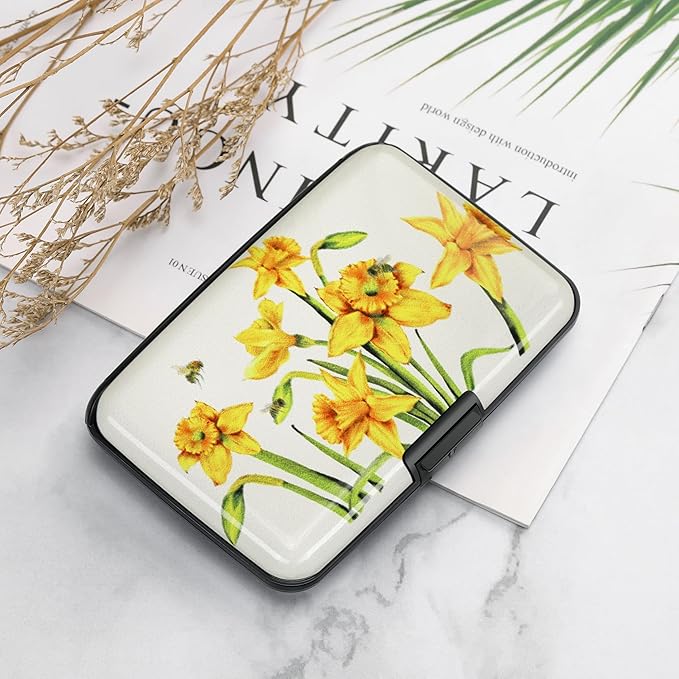 ELFISH Mini RFID Aluminum Wallet Credit Cards Holder Business Card Case Metal ID Case for Men Women(Yellow Narcissus)