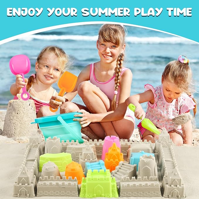 Dreamon Beach Toys for Kids 3-10, Collapsible Sand Toys Include 3 Pack Foldable Buckets, 24 PCS Beach Mold and Shovels Molds, Travel Sandbox Beach Toys for Kids Toddler with Mesh Bag