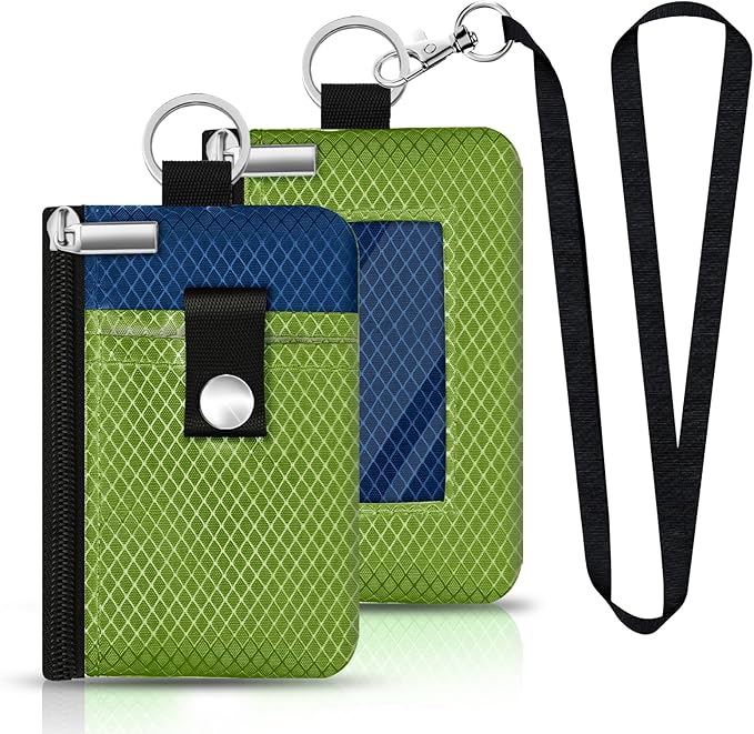 Minimalist RFID Blocking Small Wallet with ID Window,WaterResistant Zip Id Case Wallet with Lanyard Keychain for Cards,Cash,Travel,Women,Men (Olive Green/Electric Blue)