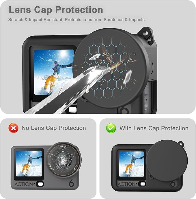 FiTSTILL Silicone Rubber Case+3Pack Tempered Glass Protector Compatible for DJI Osmo Action 6,Rubber Case&Lens Caps&Screen Protectors&Lanyardfor Protective Full Cover Shell Action6 Accessories Kit