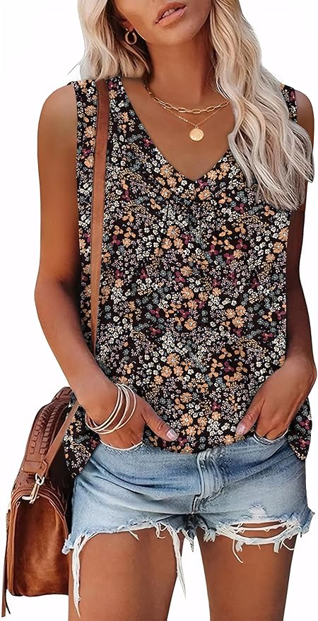 OFEEFAN Tank Top for Women Loose Fit Sleeveless Shirts V Neck Summer Clothes Ruched Women's Tees and Tanks Curved Hem