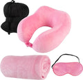Home-Complete Travel Pillow Set - Memory Foam Pillow, Fleece Blanket, and Eye Mask - Travel Essentials for Airplanes, Trains, Cars, Buses (Pink)