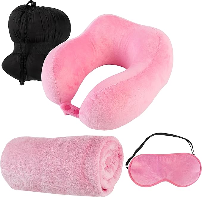 Home-Complete Travel Pillow Set - Memory Foam Pillow, Fleece Blanket, and Eye Mask - Travel Essentials for Airplanes, Trains, Cars, Buses (Pink)
