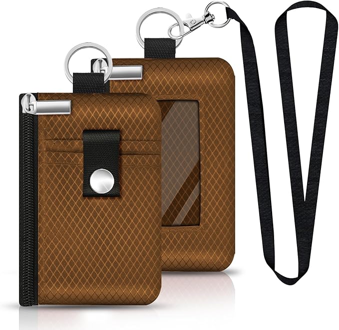 Minimalist RFID Blocking Small Wallet with ID Window,WaterResistant Zip Id Case Wallet with Lanyard Keychain for Cards,Cash,Travel,Women,Men (Brown)