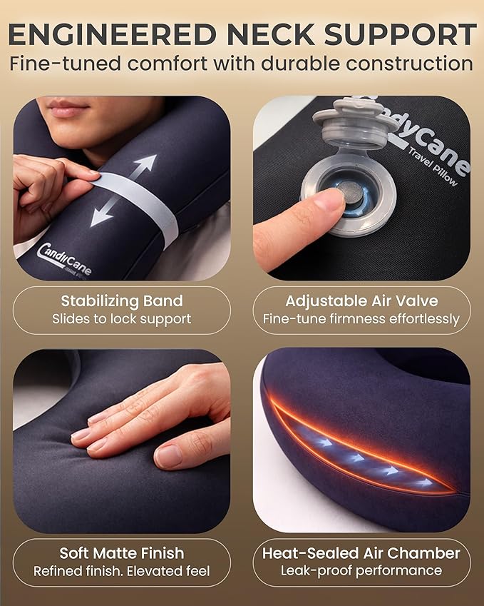 CANDY CANE Inflatable Neck Pillow for Airplane Travel with JShaped Design and 360° Support - Window Leaning Head & Chin Rest for Long Flights - Compact Blow Up for Air Travel