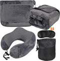 Nerien Travel Blanket and Pillow Set - Travel Neck Pillow & Blanket for Airplane, Thick Fleece Blankets Campact with Bag, Memory Foam Neck Pillows, Sleep Mask, Earplugs for Plane Traveling, Dark Grey