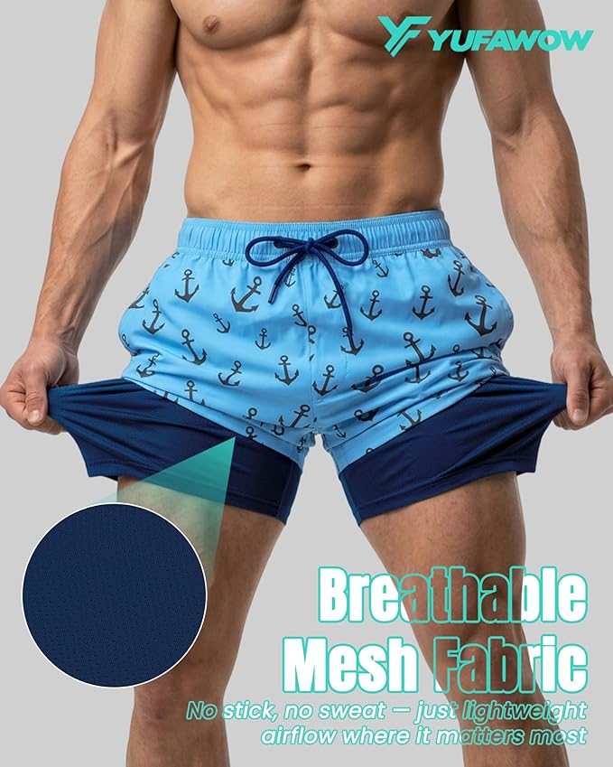 7 Inch Men Swim Trunks with Compression Breathable Liner Quick Dry Zipper Pockets for Pool Board Beach Cruise