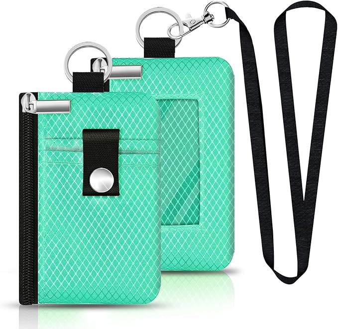 Minimalist RFID Blocking Small Wallet with ID Window,WaterResistant Zip Id Case Wallet with Lanyard Keychain for Cards,Cash,Travel,Women,Men (Mint Green)
