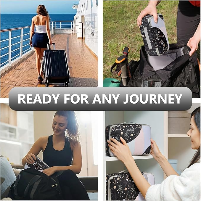 8 Set Packing Cubes for Travel, Gifts for Women Mom,Anti-Tearing Suitcase Organizer for Luggage with Shoe & Hanging Toiletry Bag,OlarHike Vacation Essentials & Accessories for Cruise Ship,Black Flower