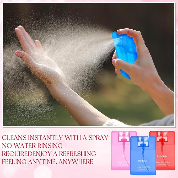 Set of 3 Power Mist Hydrating Hand Sanitizer Spray Travel Size Effective Moisturizing Hand Sanitizer 0.67 Fl. oz Compact Card Spray Bottle Peony Gardenia Rose Water for Mother's Day Mom Gifts