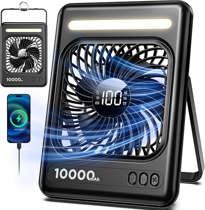 10000mAh Portable Travel Fan, 5 Speeds Strong Wind Cruise Fan with LED Lantern, 24H Runtime Cordless Personal USB Fan, 2/4/6/8H Timer, Ultra-thin Quiet Desk Fan for Camping, Office, Bedroom, Beach