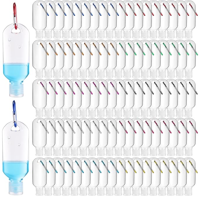 FairySandy 150 Pcs Traveling Bottles with Keychain 2oz Clear Plastic Hand Sanitizer Holder Keychain Empty Refillable Liquid Packing Container Squeeze Plastic Bottle with Lid,Rectangle