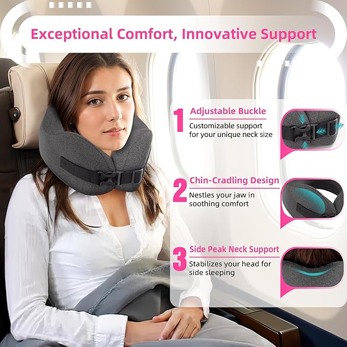 Neck Pillow Airplane Travel Set - Pure Memory Foam Travel Pillow for Long Flights Essentials, Sleeping with 3D Contoured Eye Mask, Earplugs, Portable Bag (Grayish)