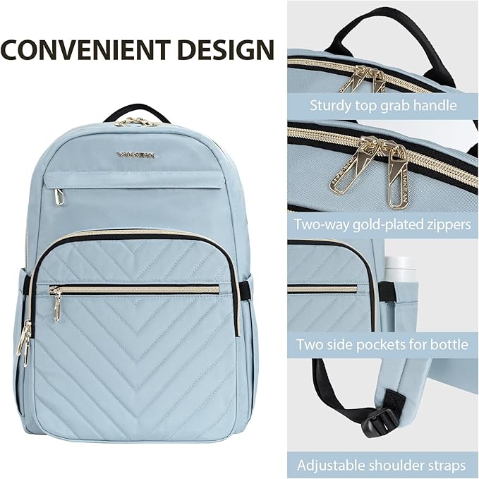 VANKEAN 15.6 Inch Laptop Backpack for Women Work Laptop Bag Fashion, Waterproof Backpacks Stylish Travel Bags Casual Daypacks for College, Business, Light Blue