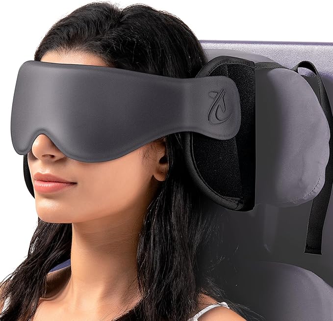 Travel Pillow, Airplane Neck Pillow with 3D Eye Mask for Sleeping, Round Edge Plane Head Strap 360°Headrest Support for Long Flight, Stop Bobblehead, Travel Essential for Car Road Trip Grey