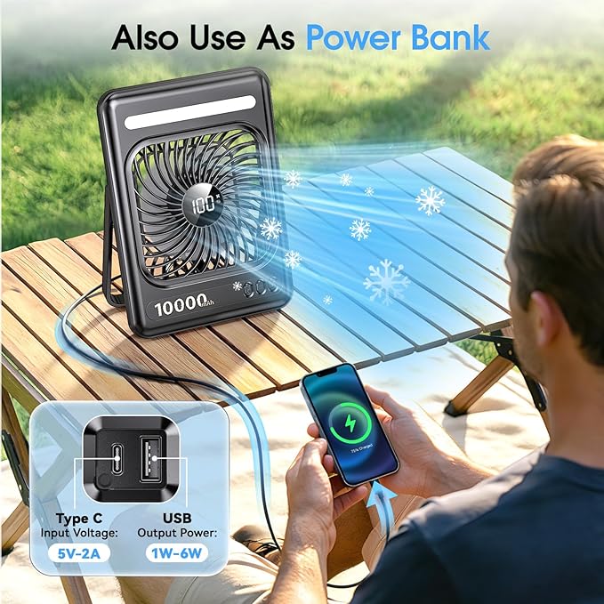 10000mAh Portable Travel Fan, 5 Speeds Strong Wind Cruise Fan with LED Lantern, 24H Runtime Cordless Personal USB Fan, 2/4/6/8H Timer, Ultra-thin Quiet Desk Fan for Camping, Office, Bedroom, Beach