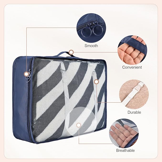8 Set Compression Packing Cubes for Travel Essentials,Suitcase Organizer Bags, Carry-On Luggage Accessories with Laundry & Toiletry Bag, Road Trip & Camp Gifts for Men and women（navy）