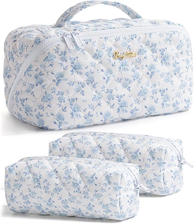 Travel Makeup Bag, 3 Pcs Large Capacity Puffy Toiletry Bag for Women, Open Flat Make up Cosmetic Organizer w/Handle & Clear Divider Water-resistant Portable Pouch Travel Essentials, L-Blue Floral