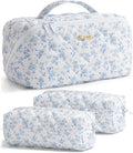Travel Makeup Bag, 3 Pcs Large Capacity Puffy Toiletry Bag for Women, Open Flat Make up Cosmetic Organizer w/Handle & Clear Divider Water-resistant Portable Pouch Travel Essentials, L-Blue Floral