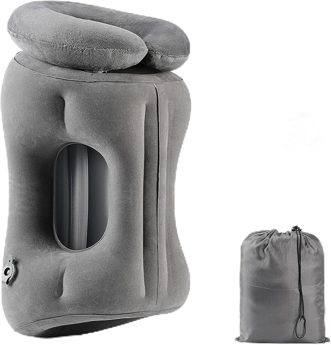 2-in-1 Magnetic Design Inflatable Travel Pillow, Ergonomic Neck Support Airplane Pillow for Flying, Compact Camping Pillow with Storage Bag for Home Nap & Car Travel (Grey)