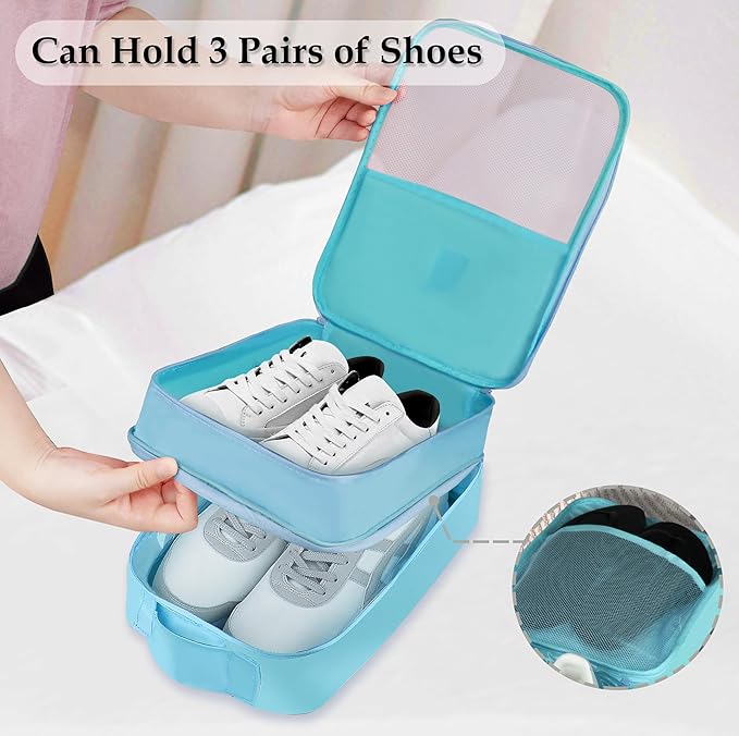 Travel Shoe Bag Waterproof Shoe Organizer Bag Holds 3 Pair of Shoes Shoe Packing Cube for Suitcase Travel and Daily Use Storage Pouch with Handle (Blue)