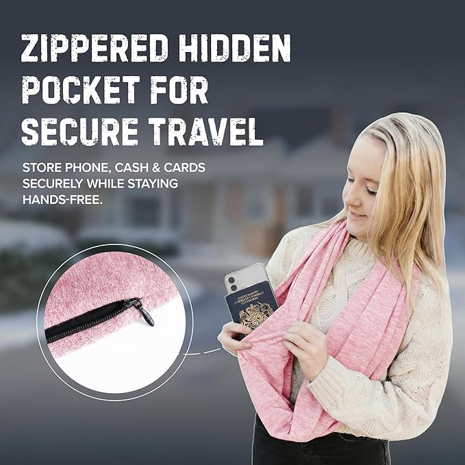 Zero Grid Infinity Travel Scarf Loop with Hidden Zipper Pockets for Passport, Phone, Cash, Cards