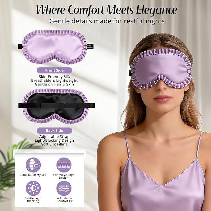 Silk Sleep Mask for Women: 100% Mulberry Silk Eye Mask, Black Back Sleeping Mask for Light Blocking, Soft Wavy Edge Eye Cover and Adjustable Strap, Travel & Sleep Gift (Purple)