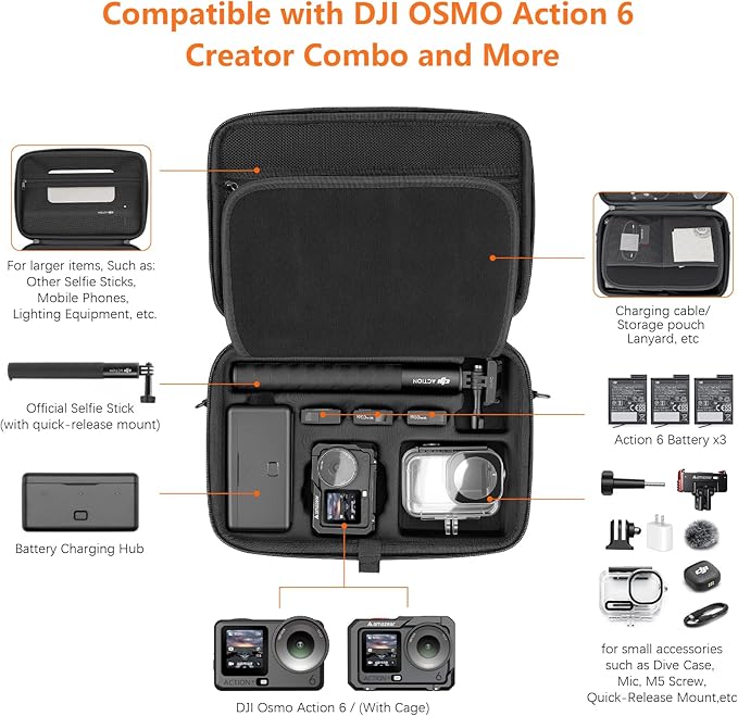 AMAZEAR Carrying Case for DJI Osmo Action 6 Accessories, Compact Hard Shell Carry Bag with Shoulder Strap, Portable Camera Case for Travel, Organization, Storage, Protection, Black