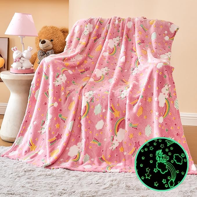 Wajade Rainbow Gifts for Girls - Glow in The Dark Rainbow Blanket Birthday Christmas Decor for Kids Age 3 4 5 6 7 8 9 10 11 12 Years Old Teens Child Toddler Throw Pink 60"x80"