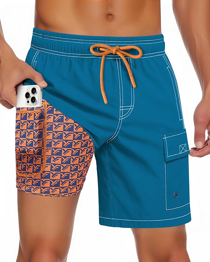 Men Swim Trunks with Compression Liner Quick Dry Breathable Multi Pockets for Summer Beach Cruise Water Park