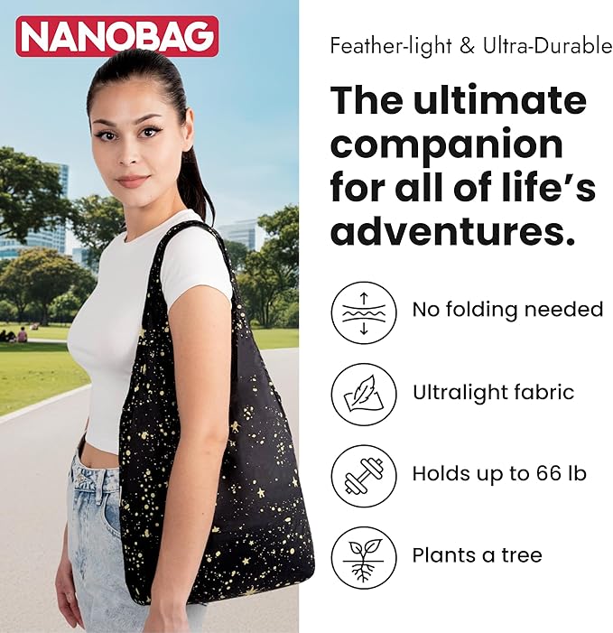 Nanobag Ultralight Foldable Tote for Women & Men, Reusable Grocery & Travel Bag, Packable Collapsible Compact Market Essential (Micro Black)