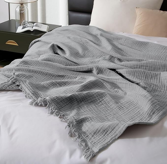 KyraHome 100% Organic Cotton Throw Blanket, 90x104 King Size Muslin Blankets for Adults, Couch, Plant Dyed, Breathable Lightweight Gauze Bed Throw Blanket All Season, Light Grey,