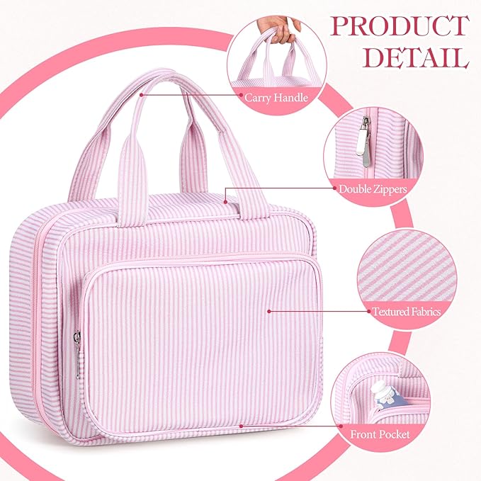 Huhumy Hanging Toiletry Bag for Women with Detachable Pouch, Travel Toiletry Bag, Travel Size Toiletries, Cosmetic Bags, Seersucker Makeup Bags Gifts for Her Mom Girlfriend Wife Teacher(Pink)