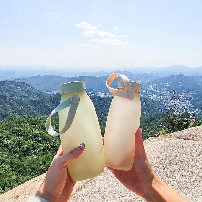 BLUE GINKGO Collapsible Water Bottle [2-Pack] – Lightweight, Foldable Silicone Bottles for Travel, Hiking, and Camping (16.9oz, Made in Korea, Sand Beige)