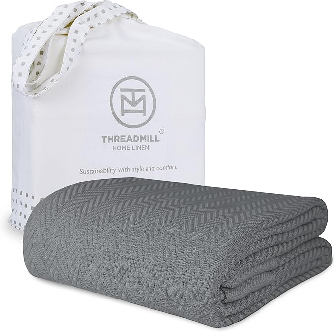 Threadmill Luxury Cotton Blankets for Twin Size Bed | All-Season 100% Cotton Twin Blanket for Bed | Herringbone Soft & Cozy Fall Thermal Blanket, 350GSM, 68x92 inches | Dark Grey