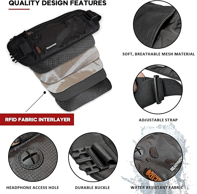 Travel Money Belt with RFID Blocking - Hidden Waist Passport Holder Wallet Pouch for Cash, Phone, Credit Cards, and Documents Protection - 13.5in x 5.75in x 0.3in, Black