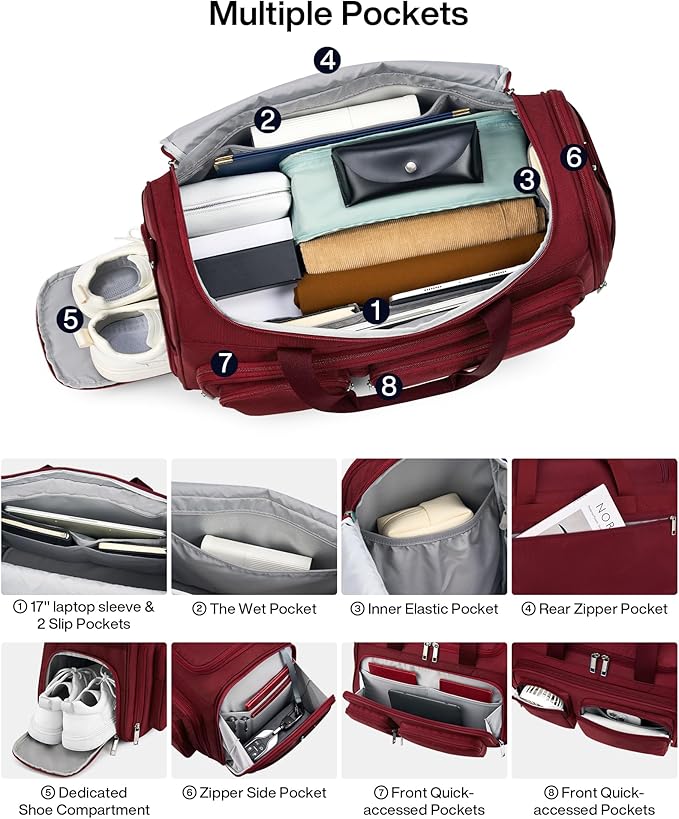 MILADA Carry On Luggage Bags for Travel Lightweight Personal Item Travel Bag Foldable Large Duffle Bag for Travel Tote Overnight Bags for Women Mens Weekender Bags, Burgundy