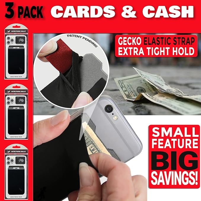 Phone Wallet - Adhesive Card Holder - Cell Phone Pouch - Stick on Lycra Pocket by Gecko - Carry Credit Cards and Cash