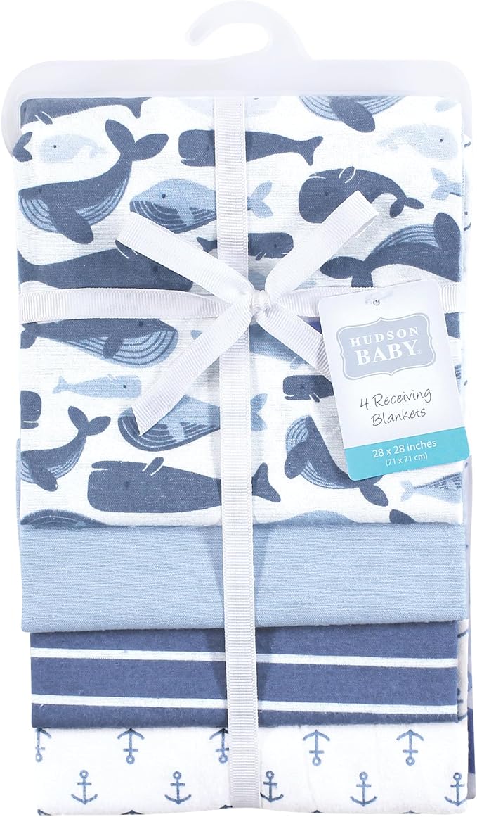 Hudson Baby Unisex Baby Cotton Flannel Receiving Blankets 4-Pack, Cute Whales, One Size