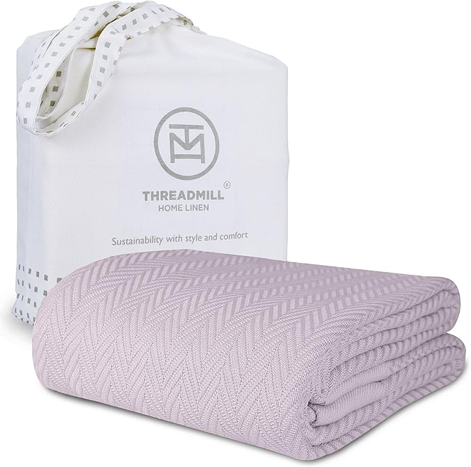 Threadmill Luxury Cotton Blankets for King Size Bed | All-Season Cozy 100% Cotton King Size Blanket | Herringbone Soft Fall Thermal Blanket fits California King Size Bed, 106x92 | Lilac