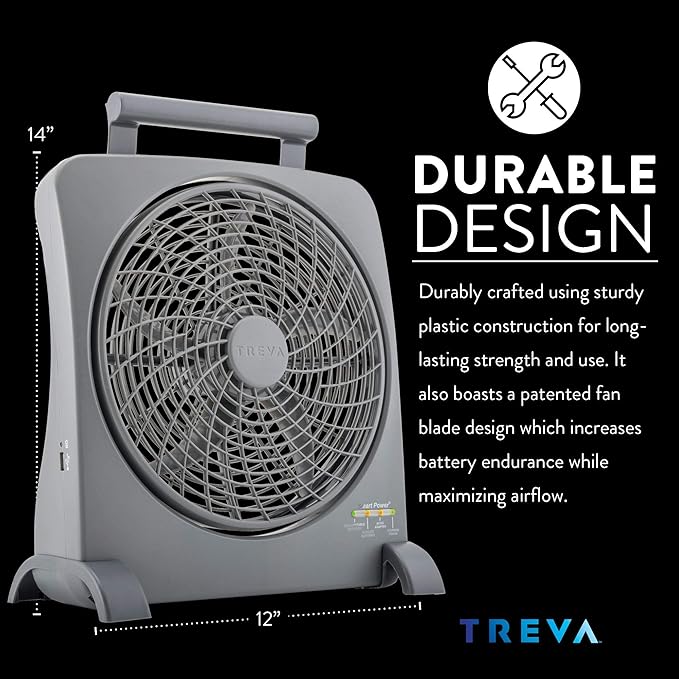 O2COOL Treva 10 inch Rechargeable Portable Fan Smart Power Air Circulator. Plug-In AC Adapter and Battery Powered, USB Charging Port, For Camping Travel and Indoors Use
