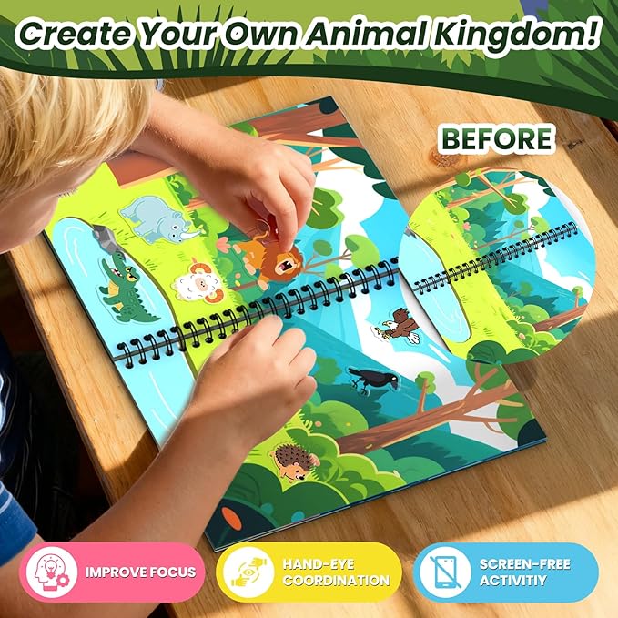 Animals Reusable Sticker Book for Toddlers, DIY Make-a-face Animals Jelly Fun 3D Stickers, Washable Puffy Stickers for Kids Toys, Airplane Road Trip Travel Activities Essentials for Kids 3 4 5 Years