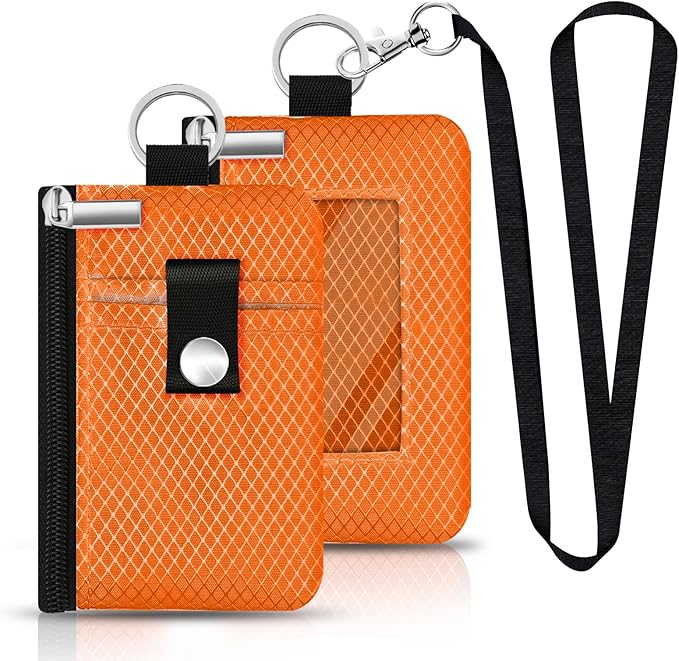 Minimalist RFID Blocking Small Wallet with ID Window,WaterResistant Zip Id Case Wallet with Lanyard Keychain for Cards,Cash,Travel,Women,Men (Orange)