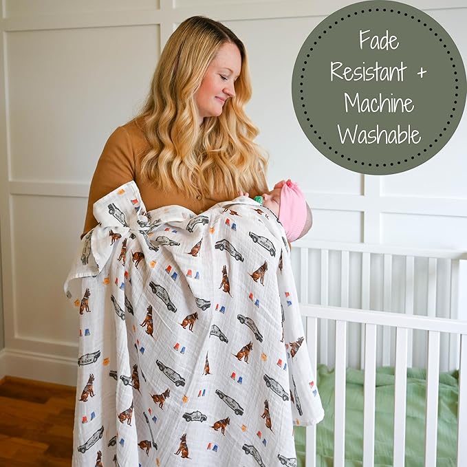 LollyBanks Muslin Swaddle Blanket, 100% Muslin Cotton Blankets for Baby Boys, 47 X 47 Inches Soft and Cozy Swaddle for Newborn Baby, Newborn Essential (Police Dog Print)