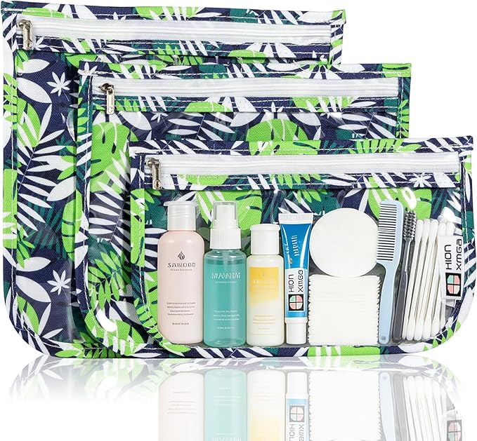 HIONXMGA TSA Approved Toiletry Bag, Set of 3 Clear Travel Toiletry Bag Quart Size Zipper Travel Pouch, Waterproof Makeup Cosmetic Bag for Women Men Kids Toiletries Carry on, Green Leaves