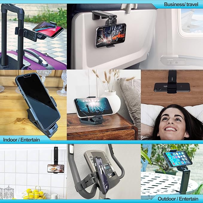 Beyond Cell Travel Accessories, Universal Seat Back Tray Table Phone Clip Holder, Adjustable Pocket Size Hands Free Phone Holder Airplane Travel Essentials Compatible with iPhone and Android 2 Packs